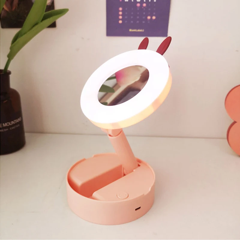 

Rabbit Makeup Light Mirror LED Lamp LED Fill Light Desktop LED With Light Makeup Mirror Foldable Cartoon Gifts for Girls Ladies
