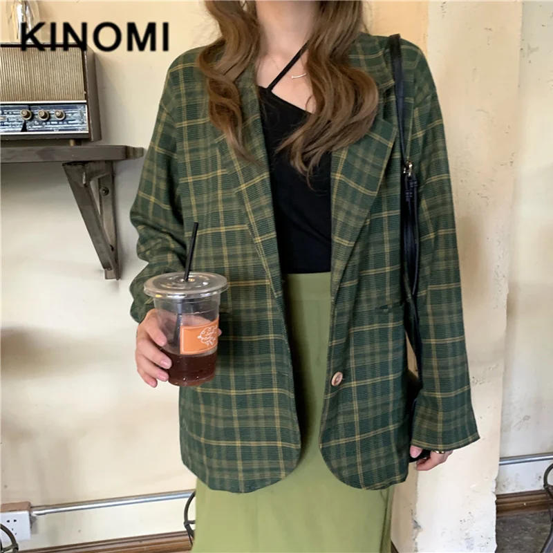 KINOMI, осень, Новое поступление, зеленые клетчатые блейзеры, OL стиль, на одной пуговице, Женская куртка, блейзер с зубчатым воротником, модное женское пальто