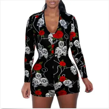 

2020 Sexy Women Deep V-neck Bodycon Jumpsuit Sleepwear Button Bodysuit Shorts Summer Floral Leotard Long Sleeve Print Tracksuit