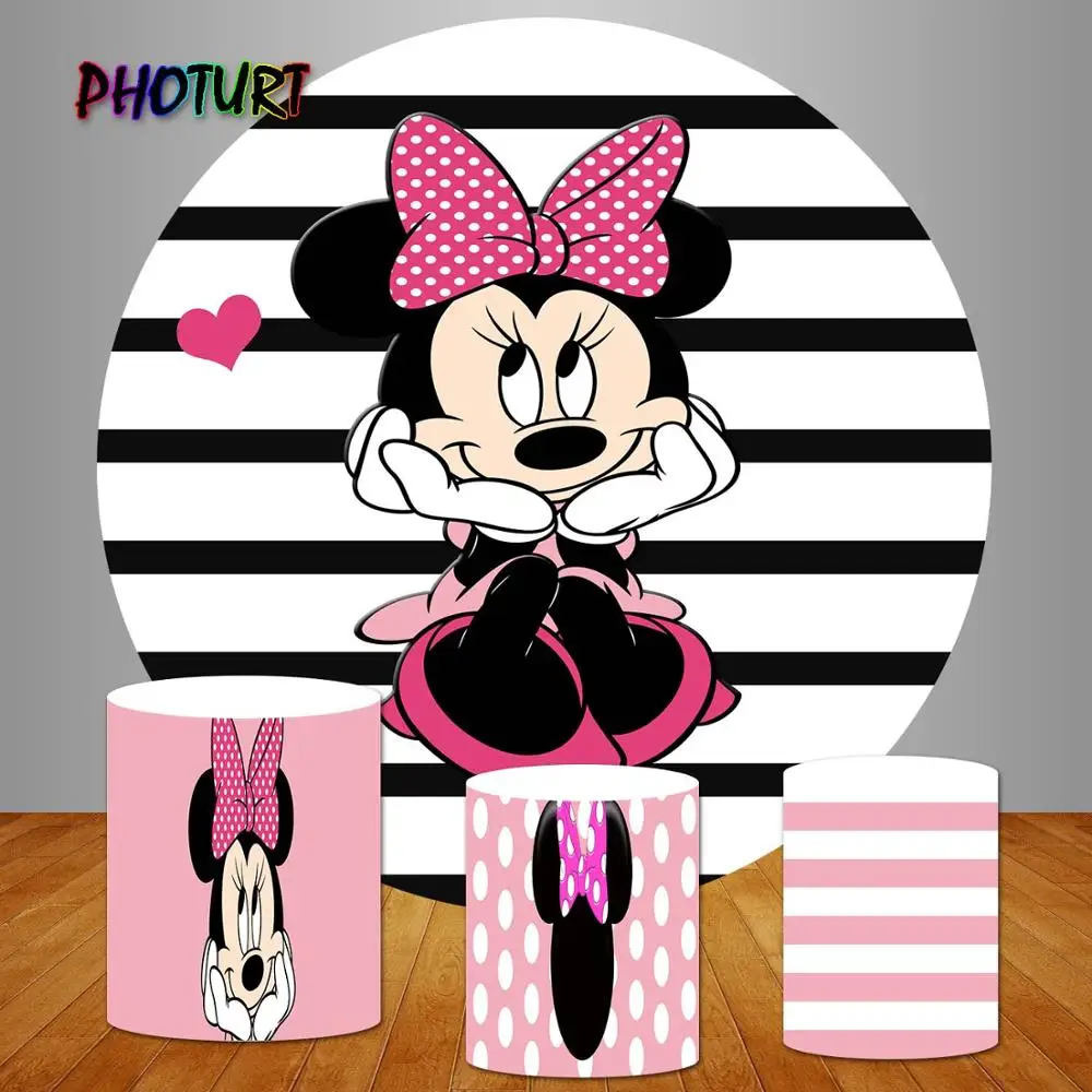 PHOTURT Minnie Mouse Circle Round Backdrops Kids Birthday Party Pink Dots Cylinder Vinyl Photography Backgrounds Studio Props |