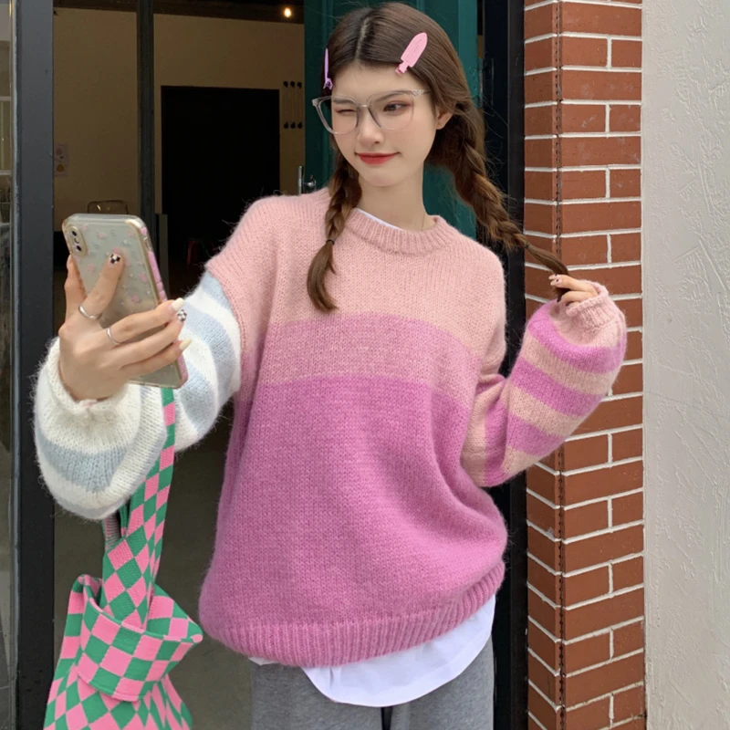 

2022 New Autumn Fashion Loose Pullove Preppy Style Lazy Sweater Elegant Office Lady Stripe Splicing Rainbow Twist Knitt Sweater