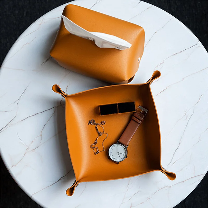

Desktop Leather Storage Box Simple Retro Cosmetics Containers Tray Leather Jewelry Organizer