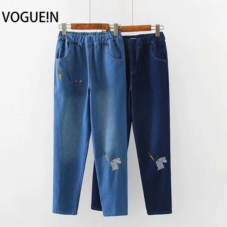 

VOGUEIN New Womens Denim Rabbit Embroidery Jean Pockets Elastic Waist Pants Trousers Wholesale