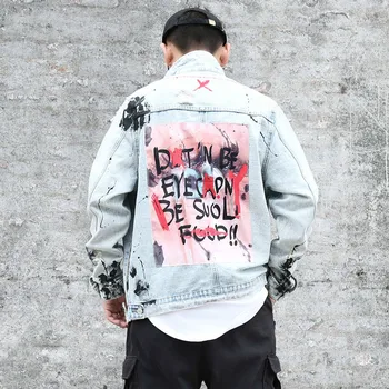

EWQ / Mens Graffiti Denim Jackets Streetwear 2019 Hip Hop Casual Patchwork Ripped Distressed Punk Rock Tide Coats Outwear 9A277