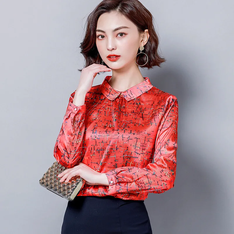 

Autumn Printed Imitated Silk Fabric Tops Peter Pan Collar Mulberry Silk Long Sleeve Shirt Women's Cover Belly Base Shirt Chiffon