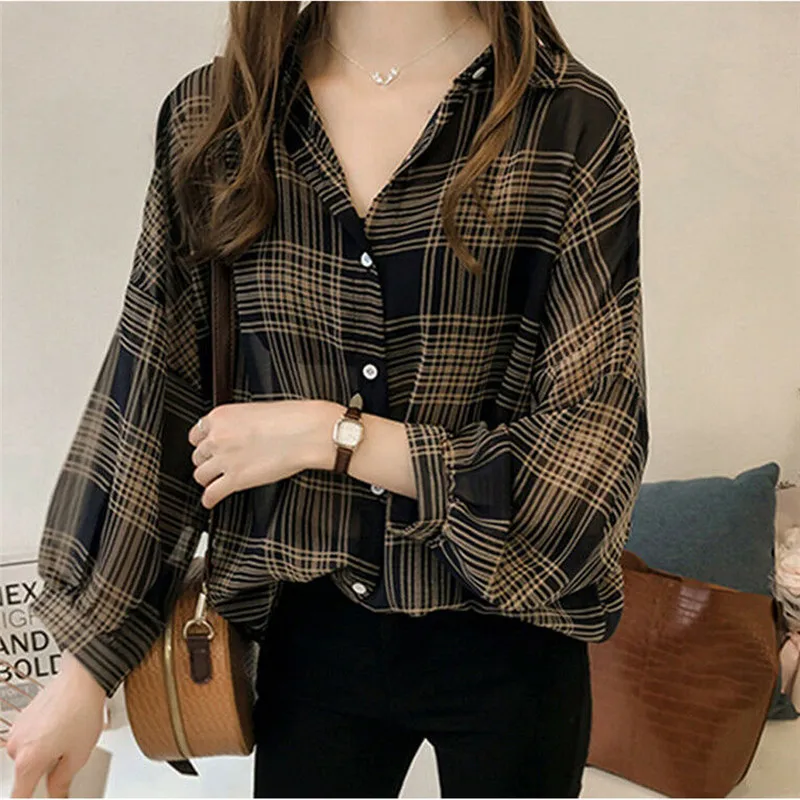 

New Fashion Women Ladies Long Sleeve Plaid Blouse Shirt Summer Casual Loose V Neck Shirt Tops Plus Size M-4XL