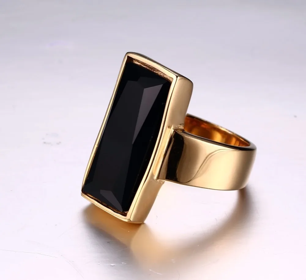 Mens Womens Rings Stainless Steel Gold-color Rectangular Black Glass Crystal Ring for Women Fashion Jewelry,Best Friend Gift anel masculino 14