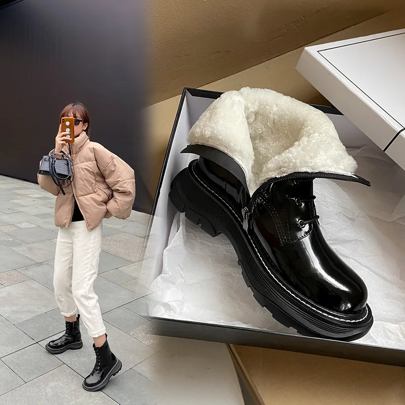 

Russian winter Minus 30 degrees HOT Women ankle boots leather with fur boots Wool lining warm boots snow boots womens shoes