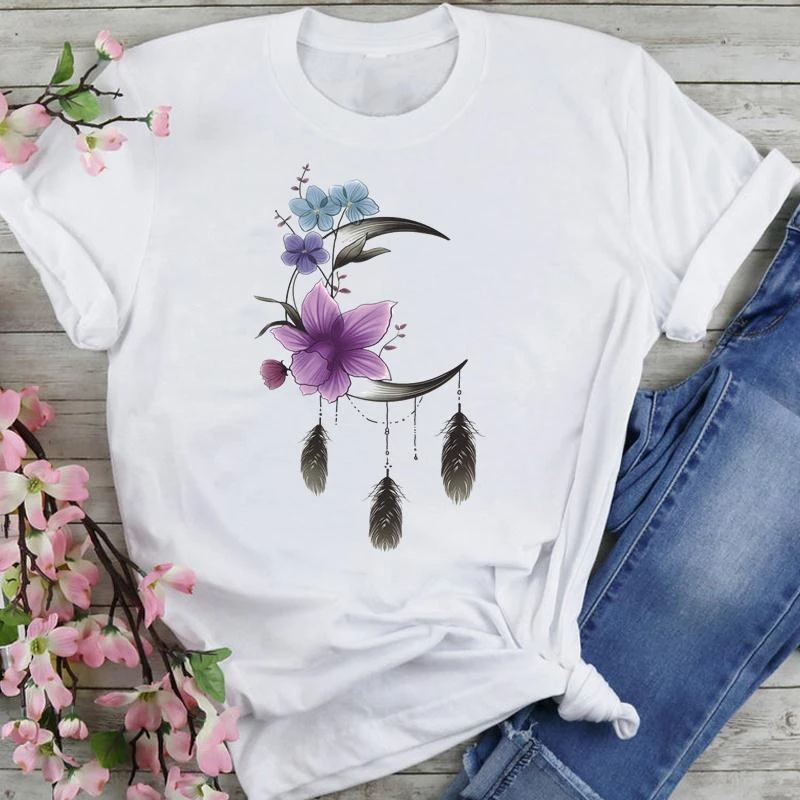 Camiseta de manga corta con estampado de flores para mujer, ropa bonita de  moda de dibujos animados, de verano|Camisetas| - AliExpress