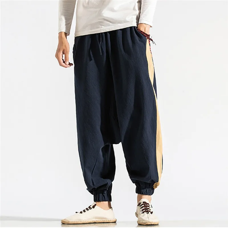 Linen Pants Men Large Print Vintage Cotton Cargo Trousers Pantalones hombre Streetwear Joggers Hip hop Pantalon homme Sweatpants