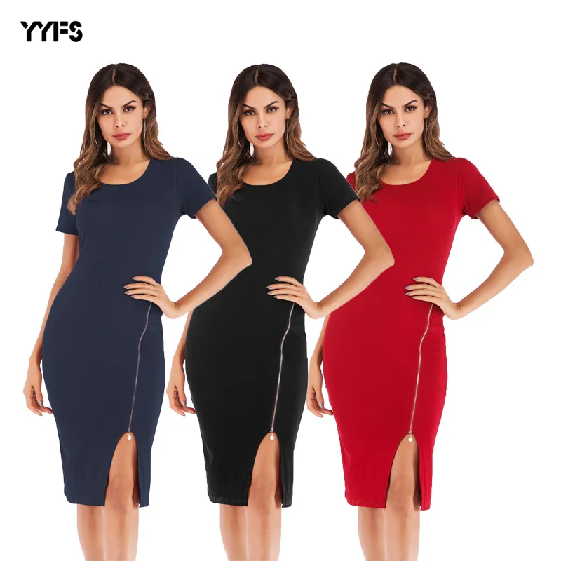 

2019 Europe And America Dress WOMEN'S Dress a Generation of Fat Solid Color Short Sleeve Crew Neck Zipper Slim Fit Sheath Pencil