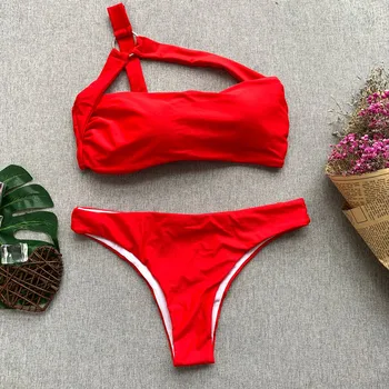 

Popular Style 2020 Pure Color Bikini Strap Two-Piece Swimsuits Women's Sexy Swimsuit Rims Bikini