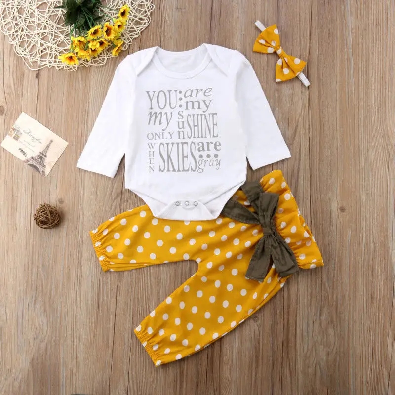 Citgeett sPRING Newborn Baby Girls Clothes Tops Sunshine Romper Dot Bowknot Long Yellow Pants 3Pcs Autumn Set Outfits 0-24M