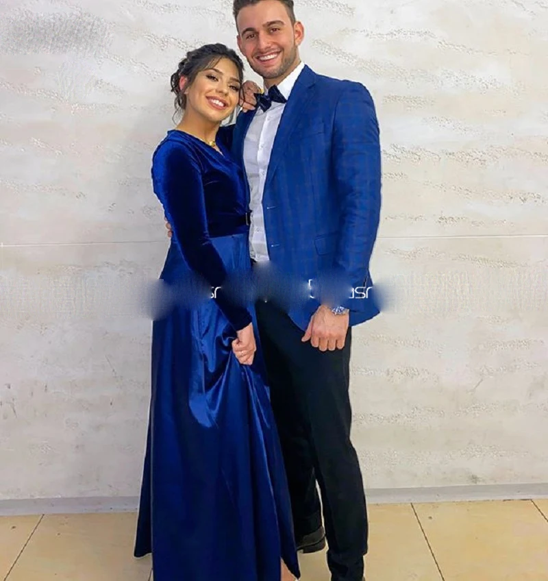

Sexy Prom Dress 2020 Long Sleeves Evening Royal Blue V Neck Woman Formal Dresses with Slit Special occasion dress