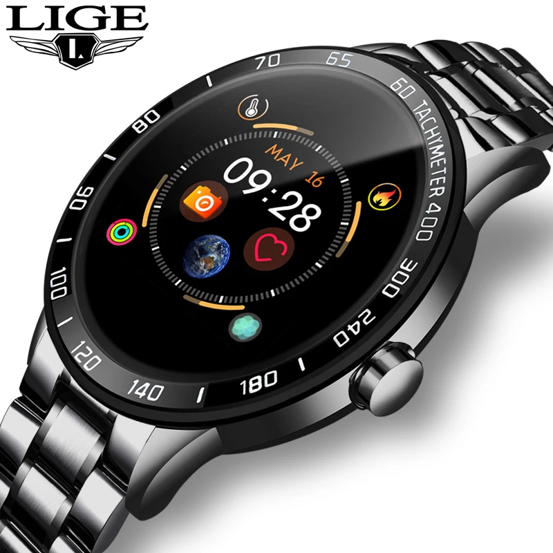 Tanie LIGE 2019 nowy inteligentny zegarek ze stali mężczyźni skórzany inteligentny zegarek sport dla iPhone tętno pomiar ciśnienia krwi smartwatch