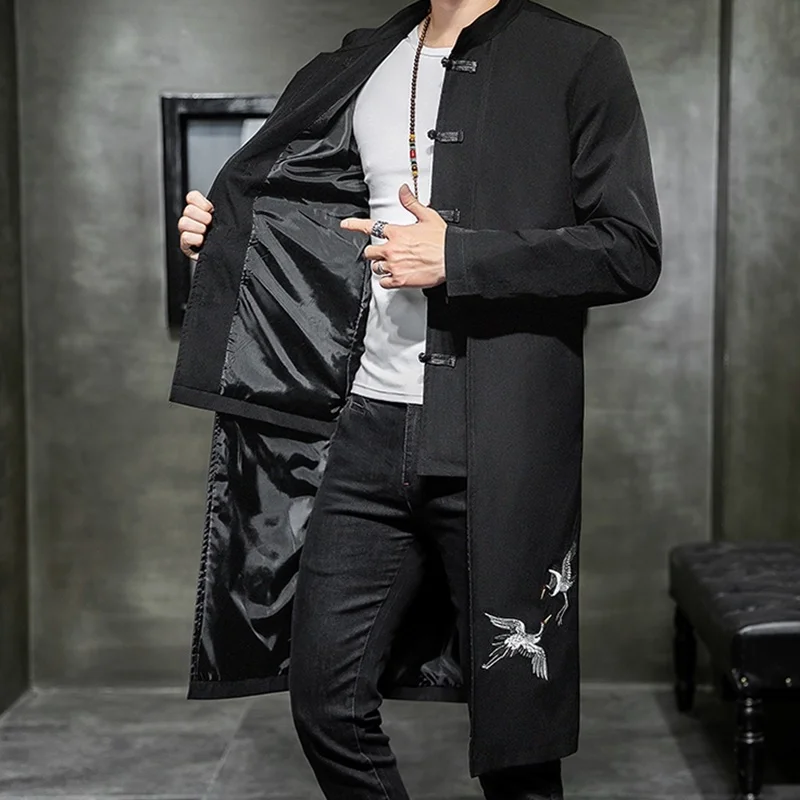 Chinese Style Long Windbreaker Jacket Men Streetwear Oriental Clothes Men Hip Hop Chinese Mandarin Jacket Coat KK3150