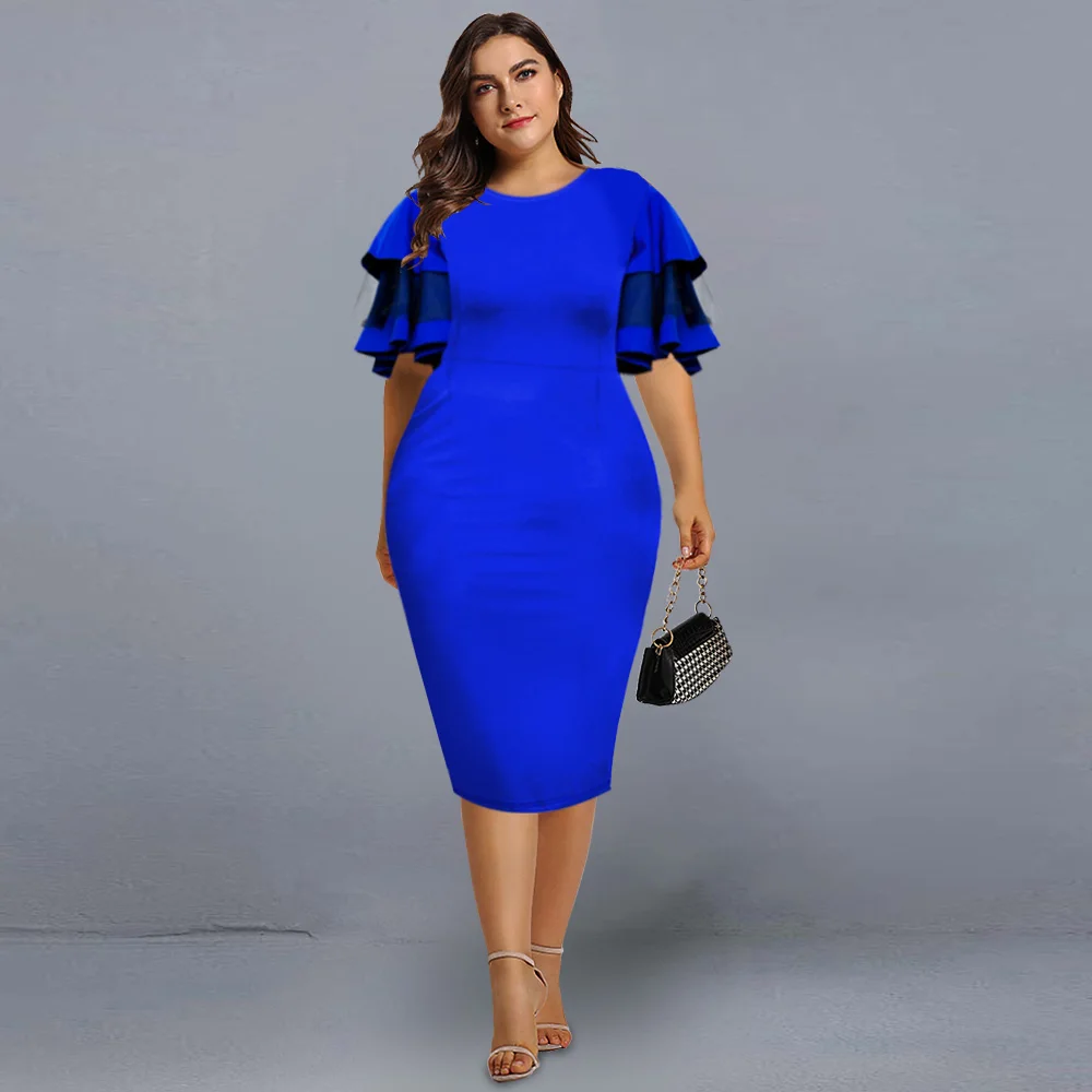 Plus Size Double Ruffle Sleeve Dress 2022 Women Fashion O neck Short Sleeve Midi Dress Female