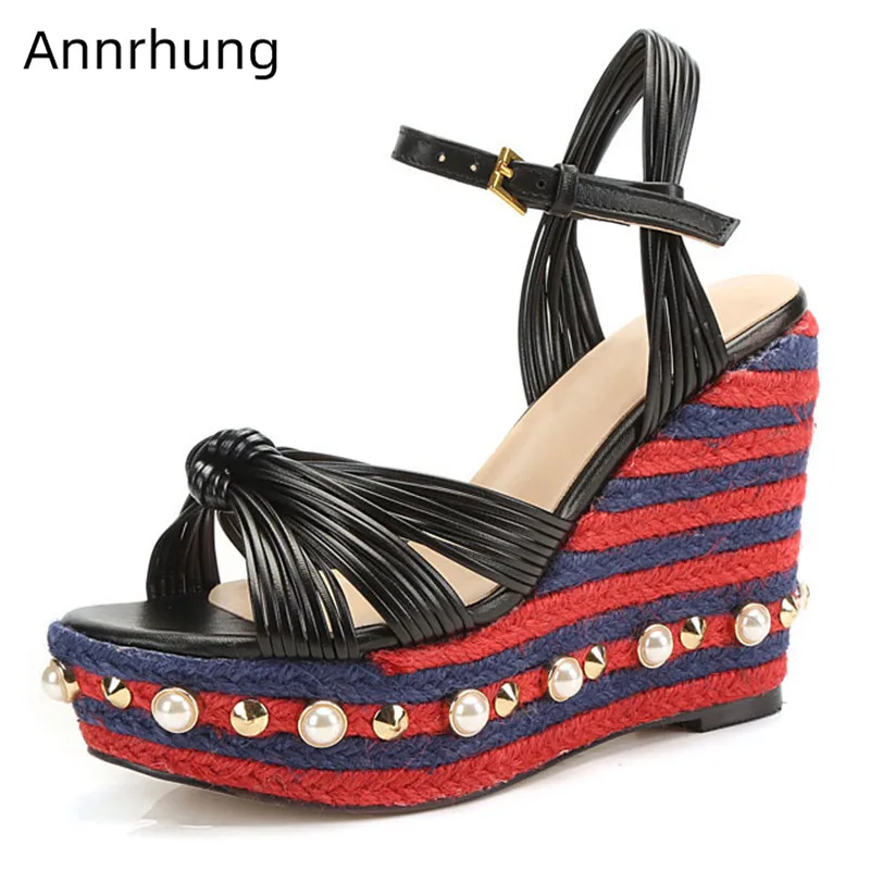 

Stripe Platform Sandals Vine Knitting High Wedges Shoes Fashion Narrow Band Knotted Pearl Studded Sandalias fisherman Shoes