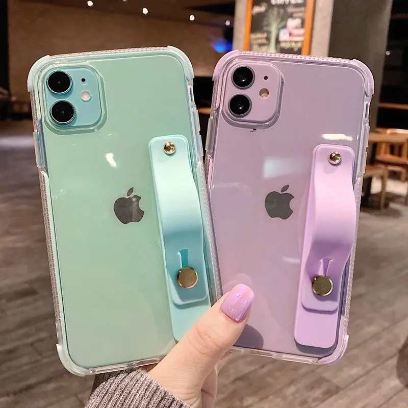 Funda suave y transparente para teléfono móvil iPhone, protector con correa de muñeca para iPhone 11 12 mini Pro Max X XR Xs Max 7 8 Plus SE 2020