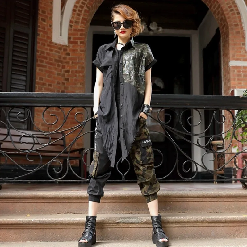 

Summer New Brand Top Quality Camouflage Print Patchwork Loose 2 Piece Set Women Irregular Slim Top Shirt Harem Calf Length Pants