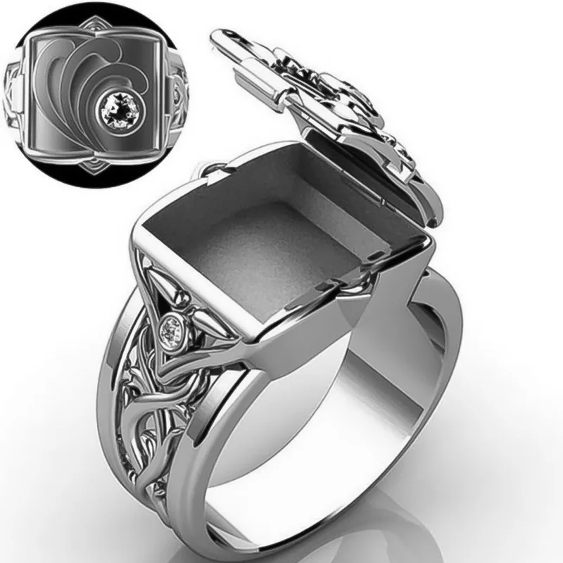 Punk Vintage Men Zircone Ring Secret Small Room Coffin Rings Unique Hip Hop Viking Birthday Gioielli Commemorativi Regalo Per Feste