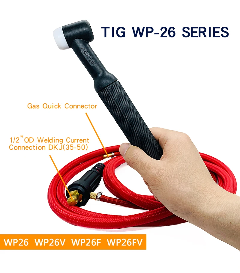 WP26 WP26V WP26F WP26FV TIG Welding Torch Gas-Electric Integrated Red Hose Cable Wires 3.7M 35-50 Euro Connector 13.12FT wp9 wp9f tig welding gun welder flexible torch gas electric integrated red hose cable wires 10 25 euro connector 4m 13ft