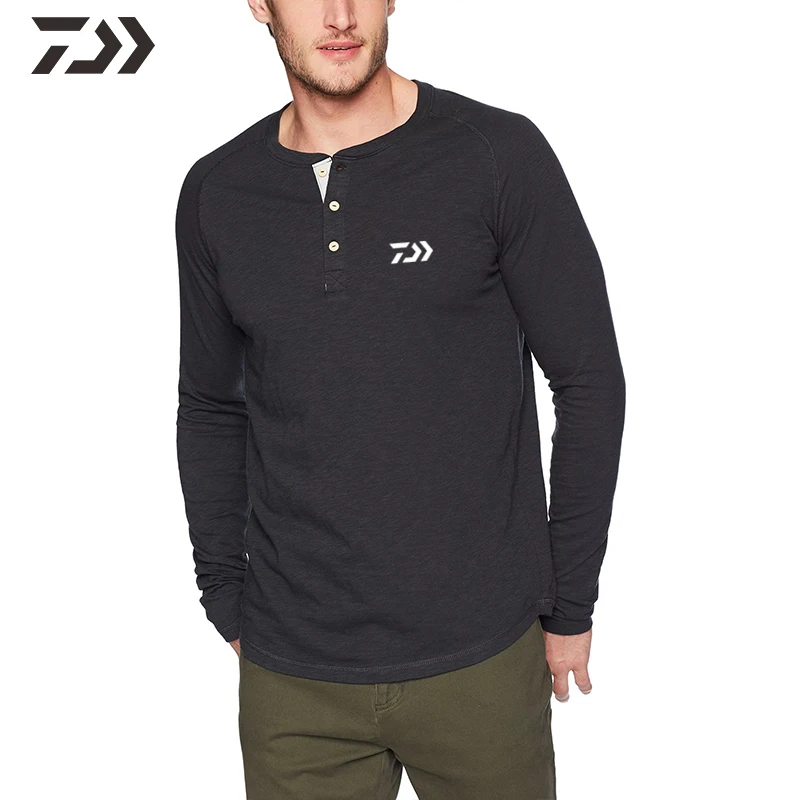 Daiwa, рубашки для рыбалки, мужские, с длинным рукавом, футболки, одежда для рыбалки, одноцветная, на пуговицах, с круглым вырезом, Спортивная футболка, мужская повседневная рубашка, толстовка