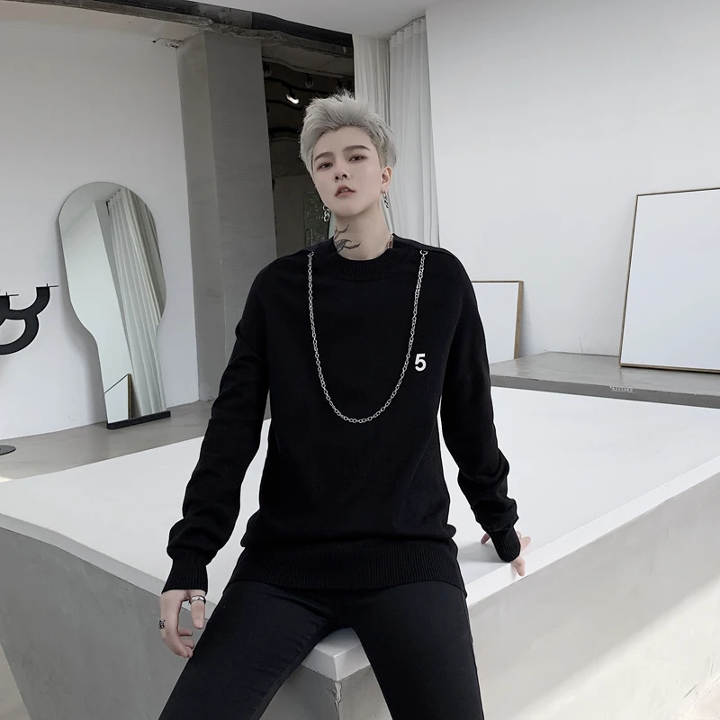 Для мужчин Вышивка железная цепь Slim Fit с О-образным вырезом, вязаный пуловер, свитер для мужчин Для женщин уличная одежда в стиле «хип-хоп», подошва пара свитер Harajuku
