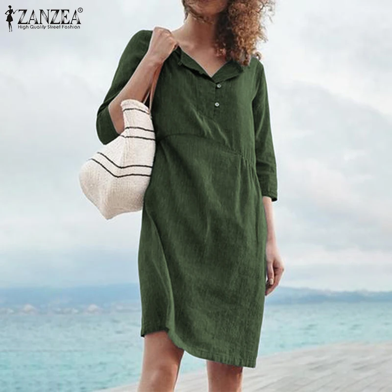 

Women's Summer Sundress ZANZEA 2019 Vintage Linen Shirt Dress Casual Button V Neck Vestidos Female Half Sleeve Dress Oversized