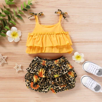 

Emmababy Newborn Baby Girl Clothes Summer Solid Color Strap Ruffle Tops Sunflower Leopard Print Short Pants 2Pcs Outfits Sunsuit