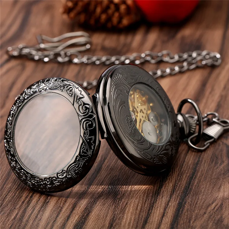 Gold Roman Numerals Transparent Glass Cover Men's Handwinding Mechanical Pocket Watch Pendant Clock with Black Fob Chain Gift