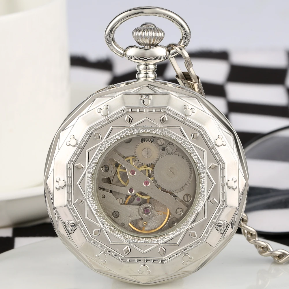 Retro Skeleton Mechanical Pocket Watch Men Women Flower Pattern Roman Number Clock Steampunk FOB Chain Hand Wind Pendant Watch