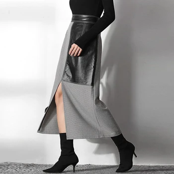 

LANMREM can ship vintage black white Lattice patchwork Pu Leather Half-body skirt 2020 spring summer new High Waist vent YJ081