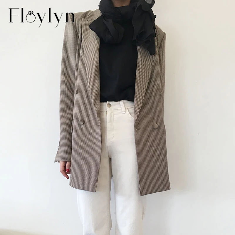 FLOYLYN винтажный двубортный клетчатый женский блейзер с отложным воротником Женская куртка с элегантным карманом Женский блейзер верхняя одежда