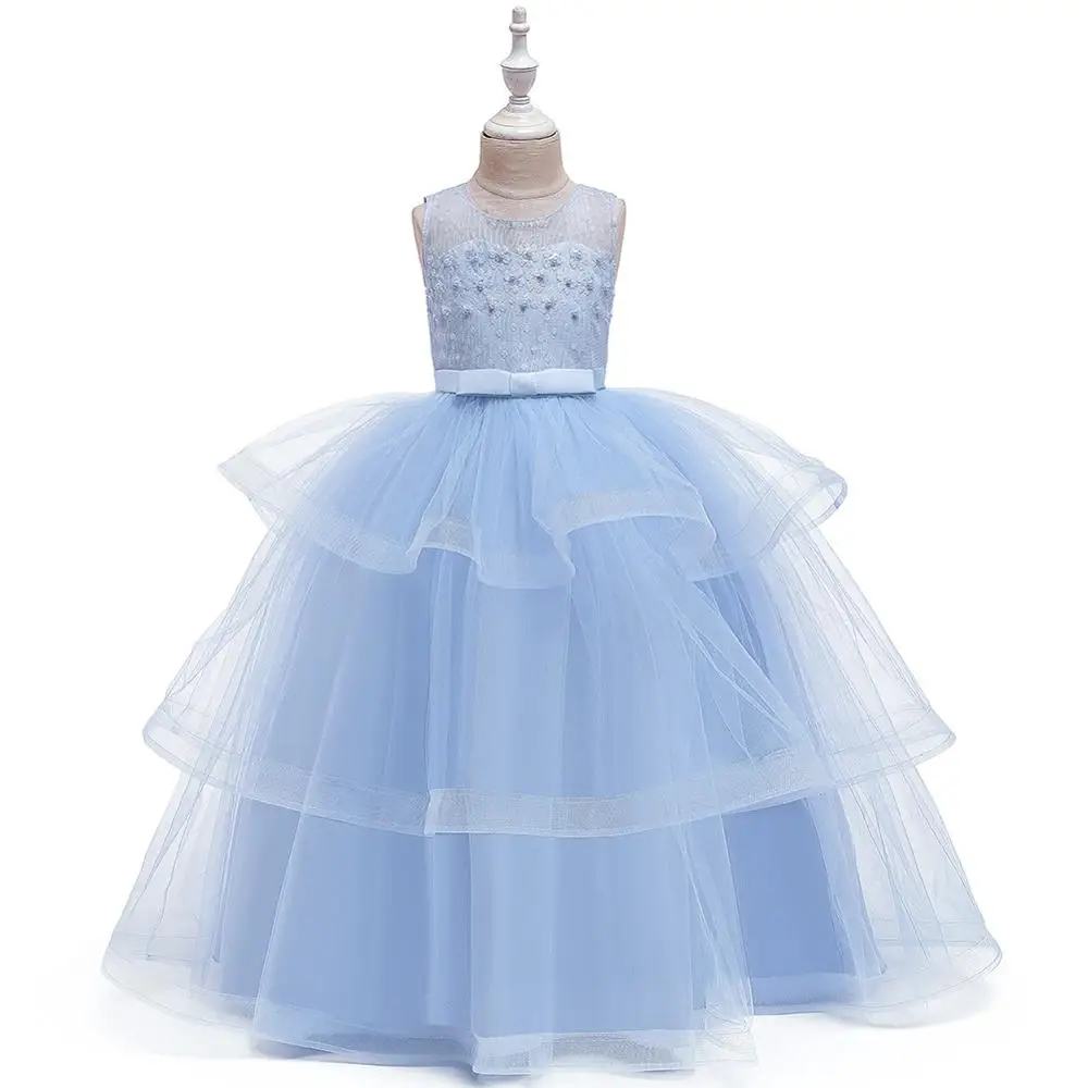 4-14 year old girl new year party evening dress children sweet fluffy wedding dress lace bead kids girls catwalk clothes - Цвет: Light blue