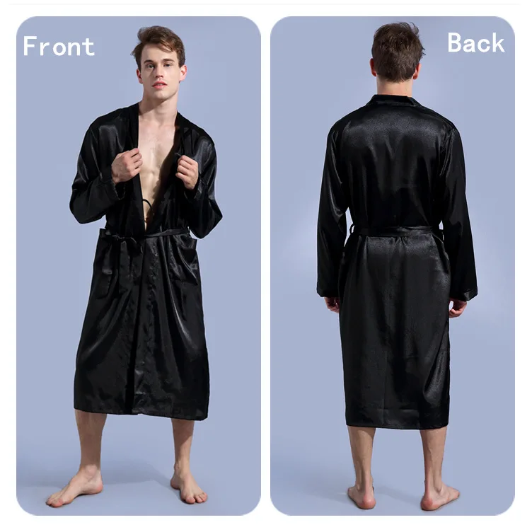 Черный мужской шелковый халат с длинным рукавом халат Летний Новый мужской повседневный халат кимоно с v-образным вырезом юката фланелевый