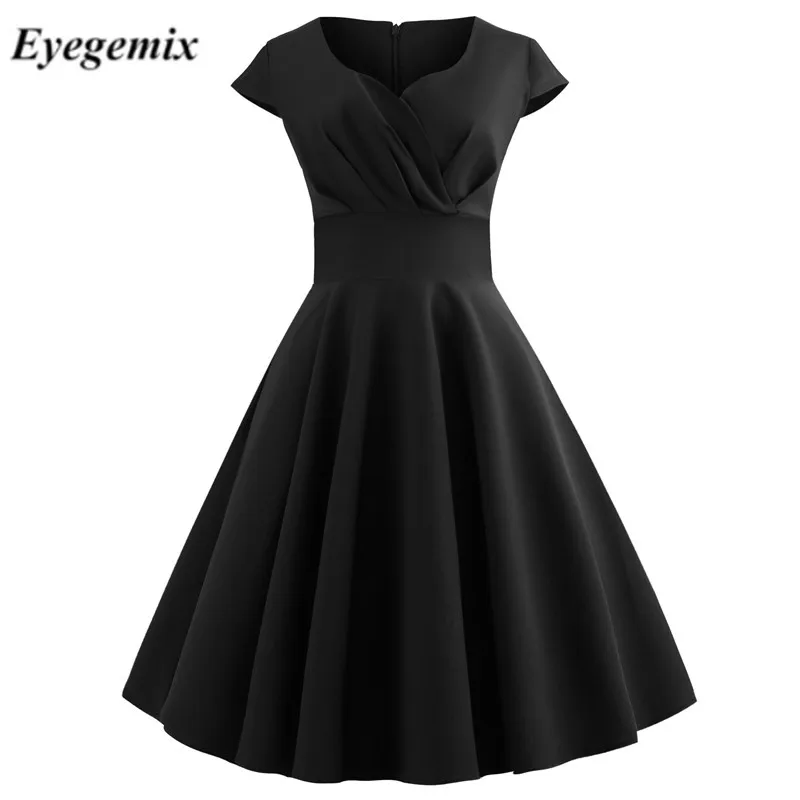 Летние платья винтажные элегантные с v образным вырезом однотонные Vestidos