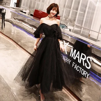 

Skyyue A-Line Long Evening Dress FR296 Black Organza Banquet Dresses A-Line Long Elegant Vestidos Off The Shoulder Sexy Gowns