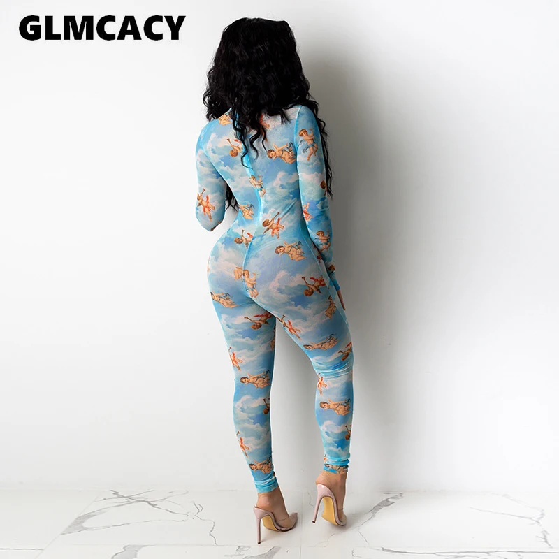 Women Long Sleeve Cartoon Printed Bodycon Jumpsuit Plus Size Sexy & Club Stretch See Through Mesh Jumpsuits Women Long Sleeve Cartoon Printed Bodycon Jumpsuit Plus Size Sexy & Club Stretch See Through Mesh Jumpsuits
