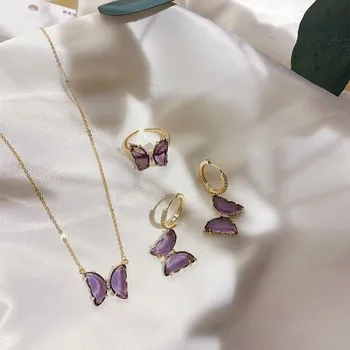 

New Fashion Girl Pink Purple Color Glass Butterfly Earring Necklace Ring Set Of Collarbone Neck Chain Female Jewelry For Women