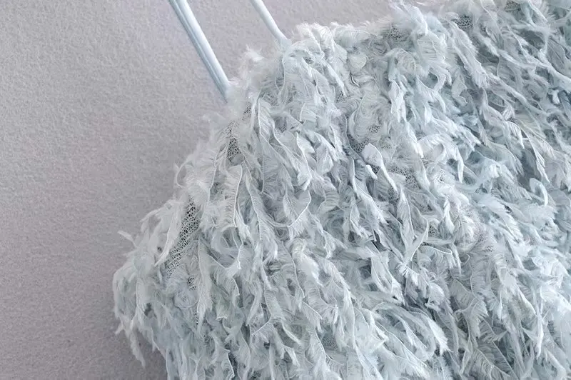 Модный женский укороченный топ с перьями, Короткие Сексуальные вечерние топы для клубов, небесно-голубой милый женский топ без рукавов, Летний Пляжный короткий топ