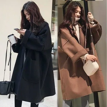 

Women Popular Woolen Loose Coat Overcoat Long Fund Big Size Tide Clothing Female Casual Solid Color Wide Lapel Jacket Outerwear