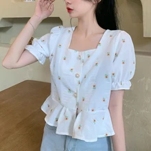 Aliexpress - 2021 Summer Chiffon Floral Shirt Women Square Collar Designer Sweet French Short Tops Casual Vintage Puff Sleeve Party Clothing