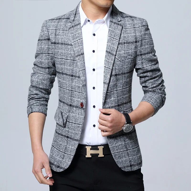 Качественный модный брендовый мужской пиджак, Осенний приталенный пиджак на одной пуговице, Теплый Стильный формальный английский пиджак - Цвет: Серый