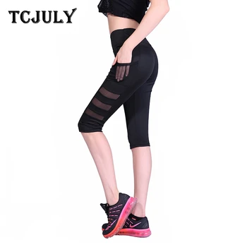 

TCJULY New Mesh Patchwork Capris Leggings With Pockets High Waisted Push Up Workout Pants Quick Dry Breathable Cropped Trousers