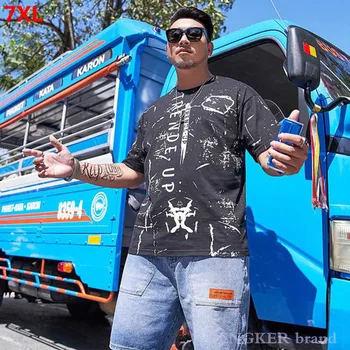 

Summer short-sleeved men's tide brand large size T-shirt black trend summer big size hip-hop graffiti print t-shirt