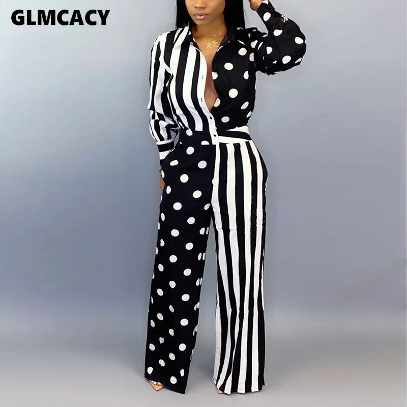 

Women Classy Long Sleeve Autumn Jumpsuits Polka&striped Printed Overalls Elegant OL Workwear Chic Outfits