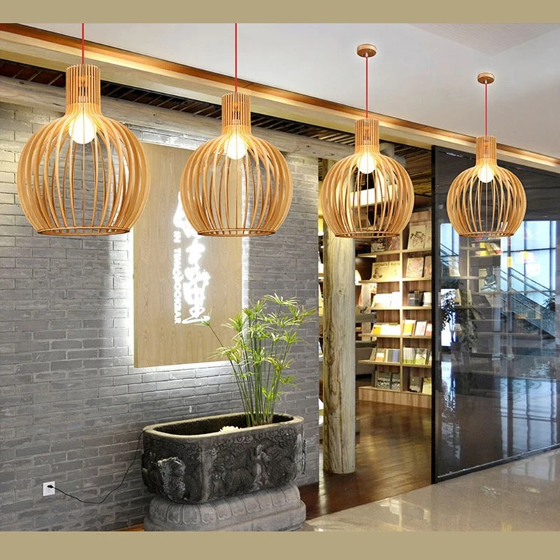 

Modern Black Wood Birdcage Pendant Light E27 Bulb Study Restaurant Home Other Bedrooms Deco Bamboo Weaving Wooden Pendant Lamp