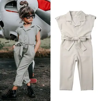 

Safari Style Kids Baby Girl Romper Plain Jumpsuit Summer Girls Clothes Short Sleeve Lapel Drawstring Waist Jumpsuits 0-5Y