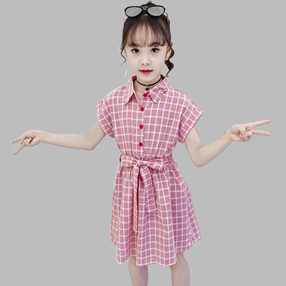 Детские платья для девочек, вечерние платья в клетку для девочек приталенное детское платье с эластичной резинкой на талии и бантом на поясе, весенне-летняя Милая Одежда для девочек